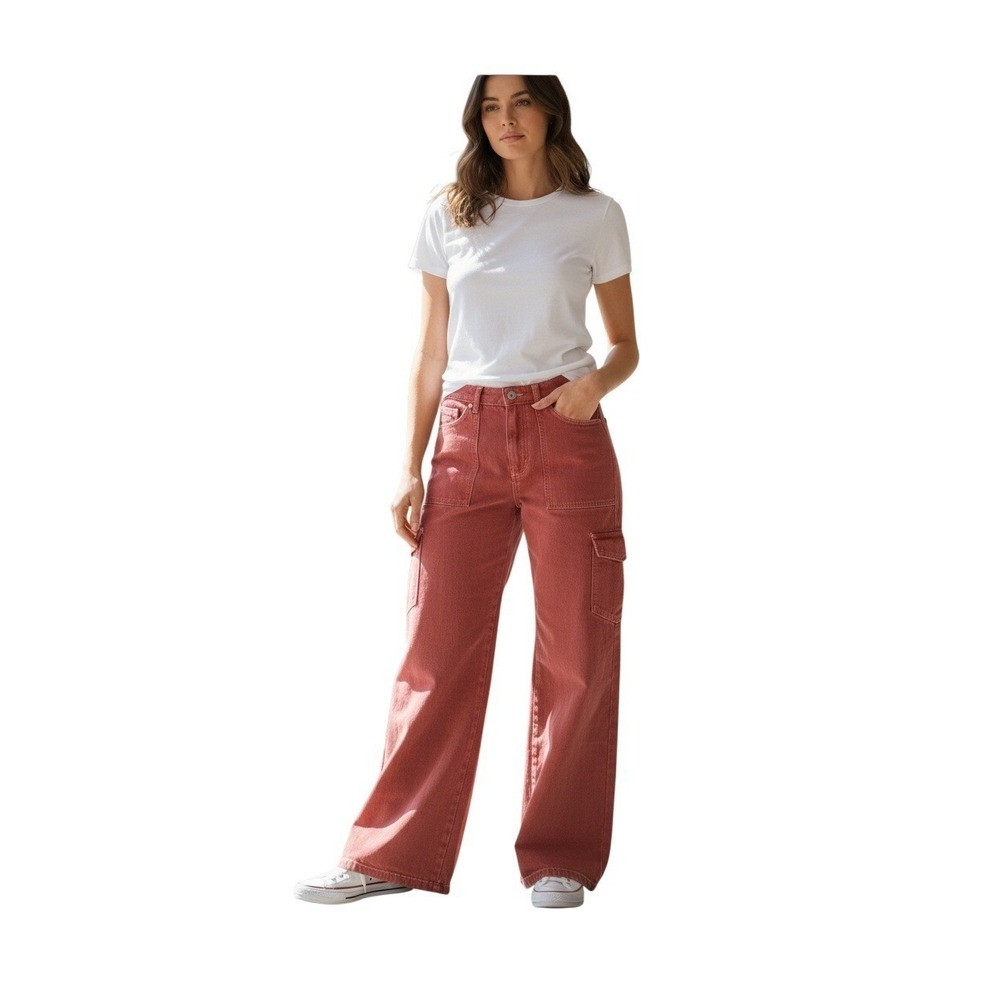 Lioness Australia Red Wide Leg Cargo Pant Contrast Stitch Cotton Denim W Size 27